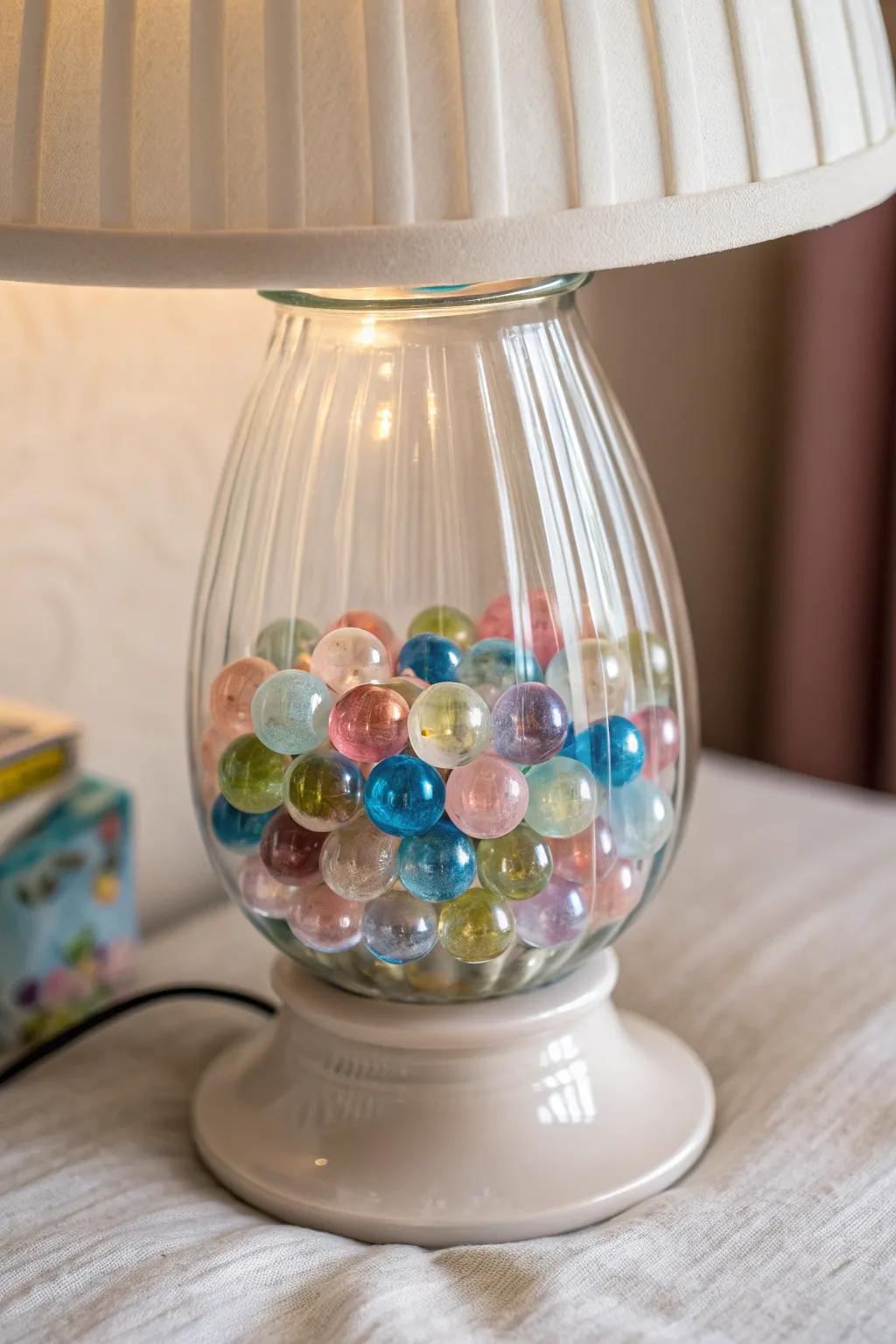 Illuminate your space with playful elegance using colorful marbles in a minimalist lamp.