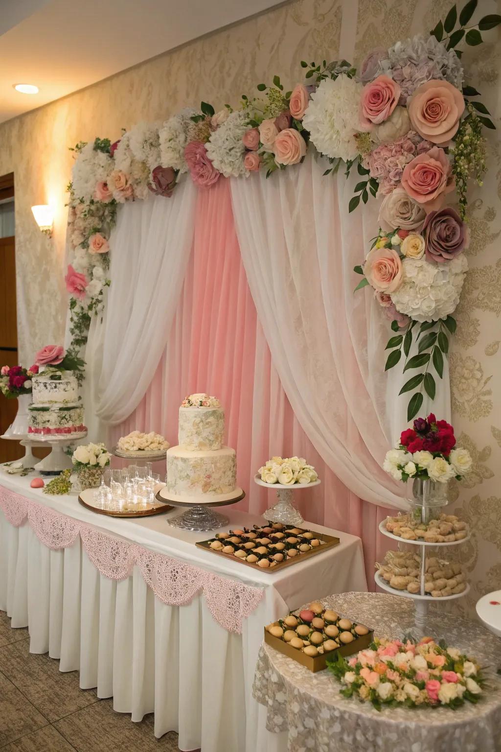 A floral backdrop that enhances the sweet table's appeal.