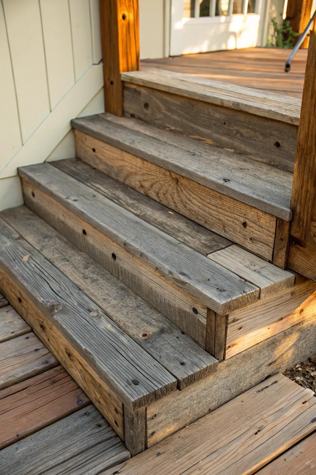 Elevate your deck with the timeless allure of reclaimed barn wood steps, where rustic elegance meets sustainable craftsmanship.