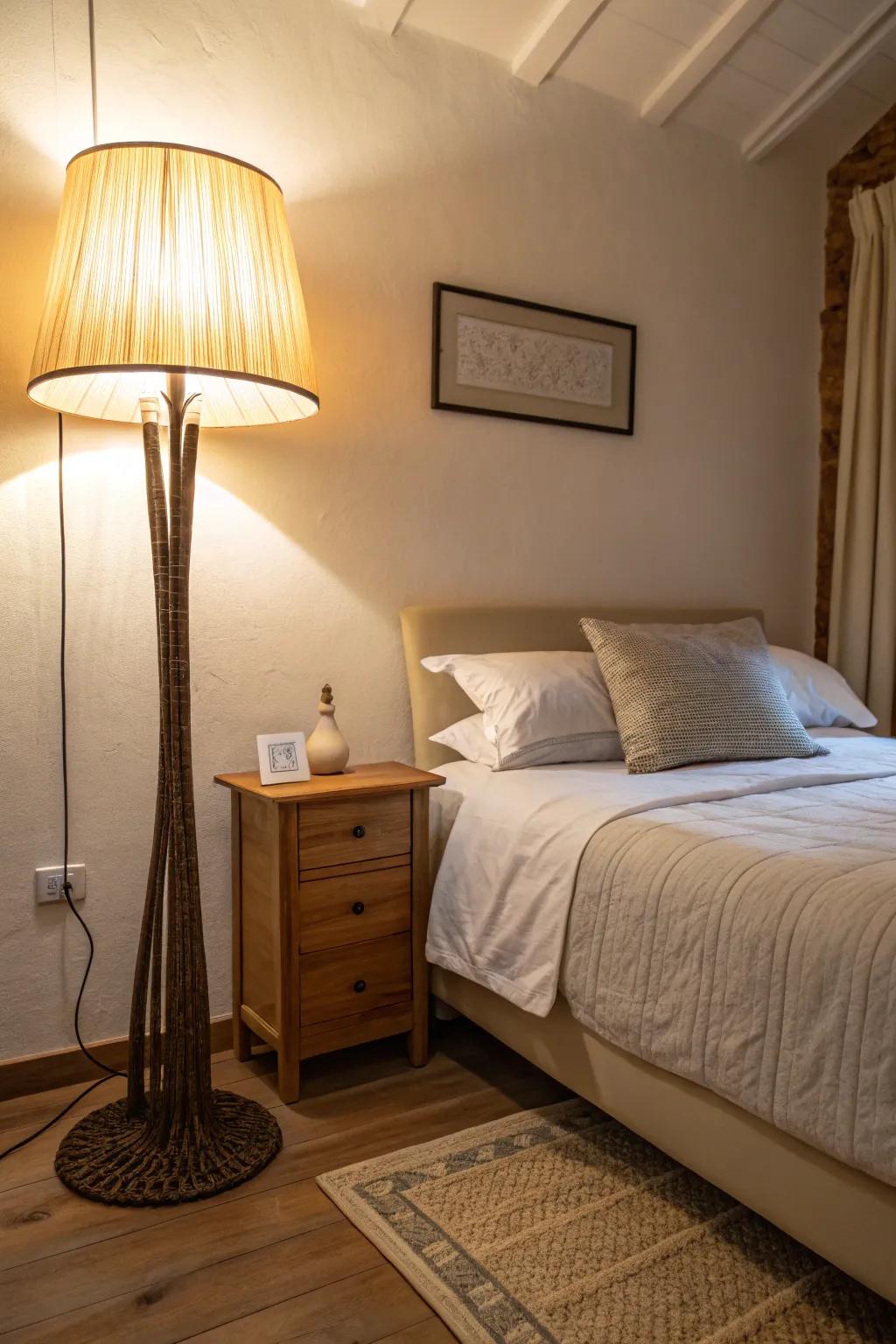 Achieve a clean and modern bedroom aesthetic with a floor lamp as your bedside light.