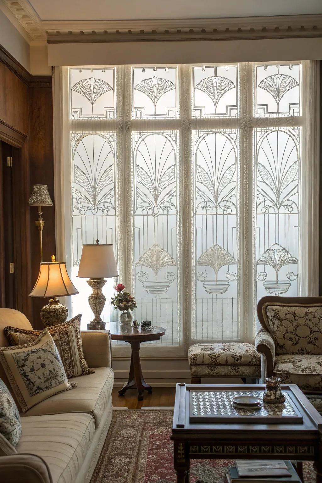 Revive vintage elegance with Art Deco frosted windows.