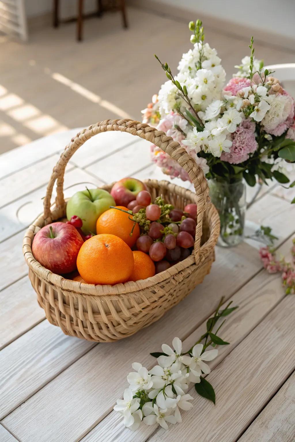 Elevate your fruit basket with a touch of floral elegance for a stunning centerpiece.