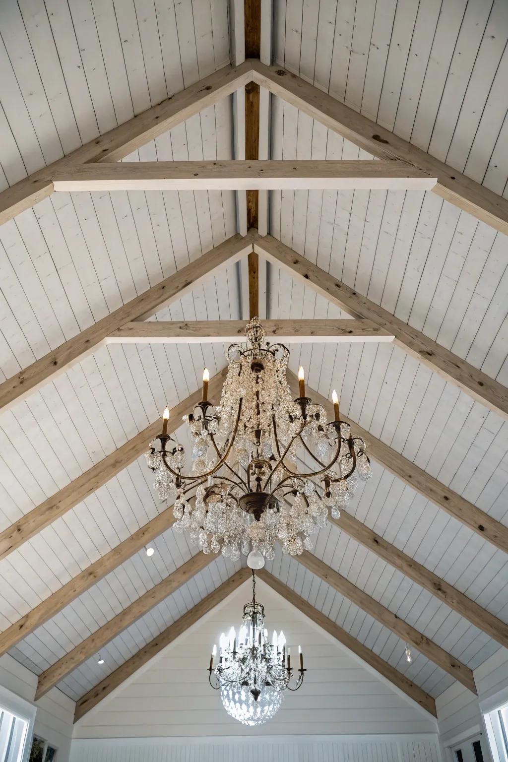 A statement chandelier enhancing the vertical space of a gable ceiling.