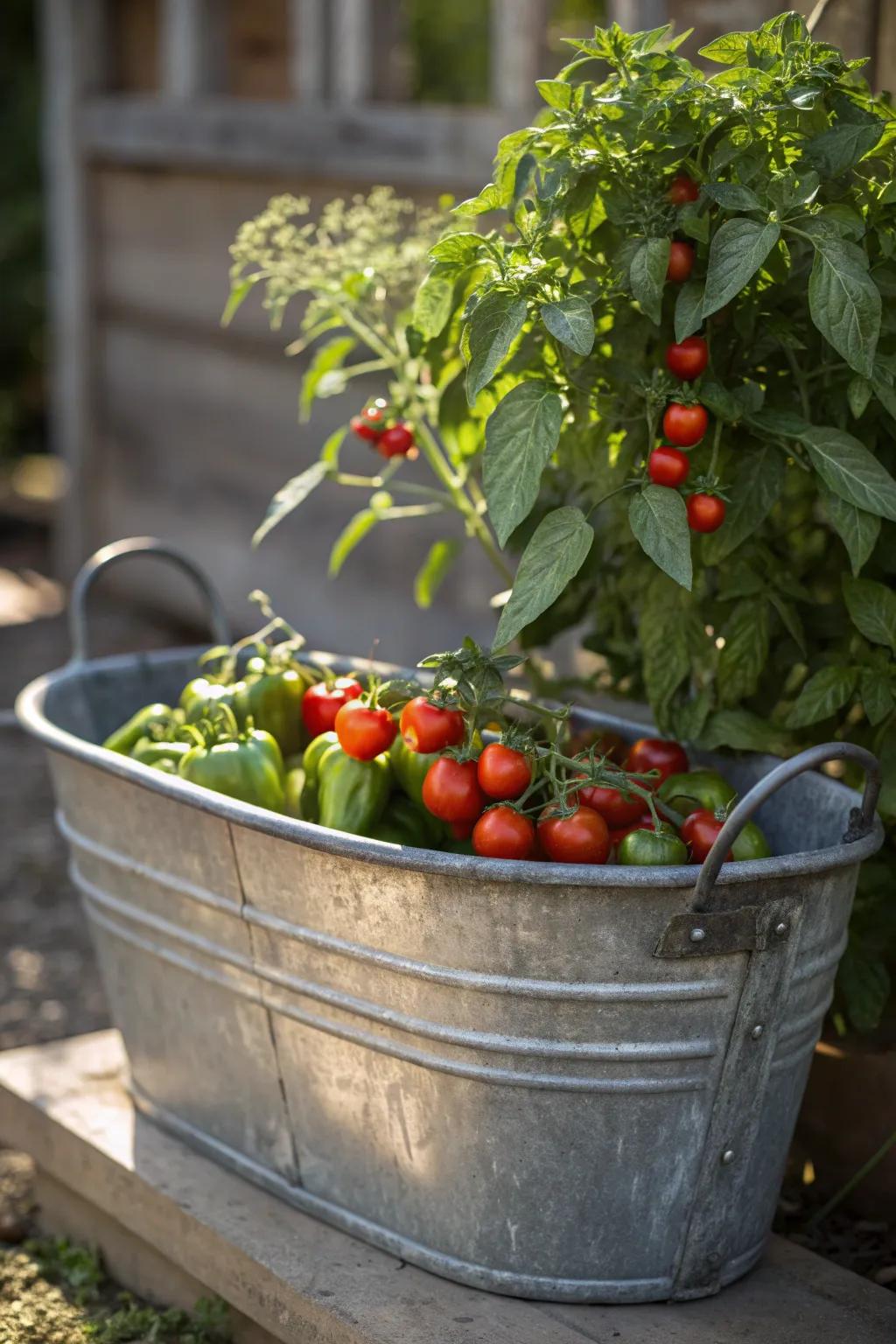 Bring farm-to-table freshness to your backyard with a rustic galvanized wash tub planter.