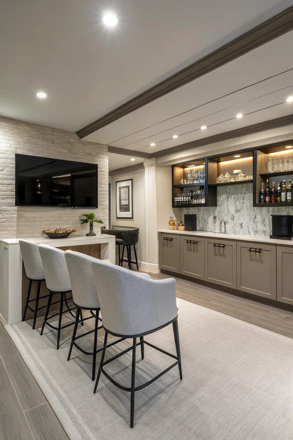 A minimalist bar offers a clean and sophisticated touch to your game room.
