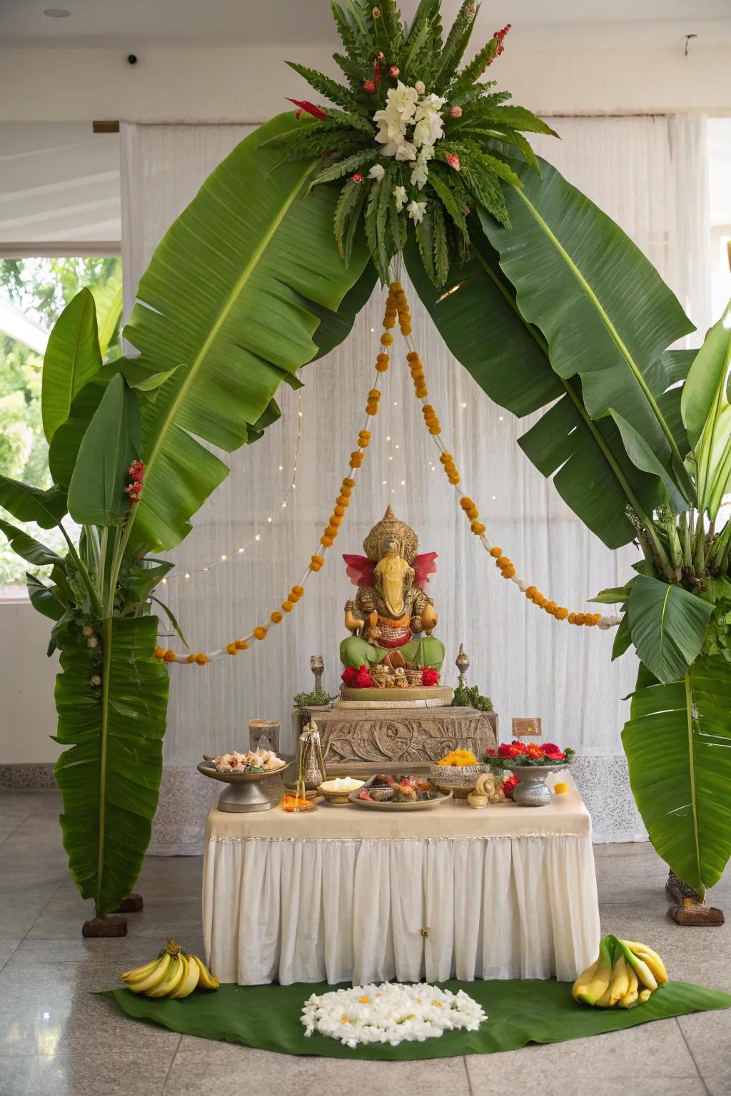Natural elements like banana leaves create an earthy vibe.