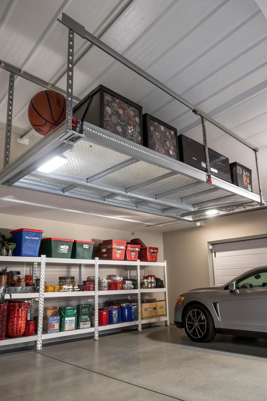 Maximize your garage space with stylish overhead storage – perfect for keeping your seasonal items organized and out of the way.