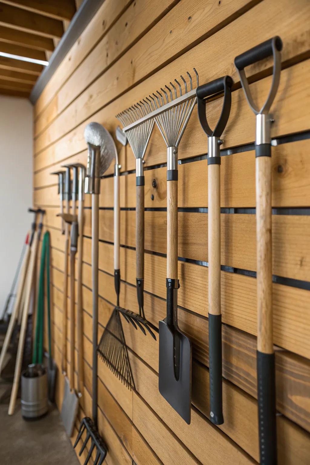 Transform your garage into a haven of order with this impeccable slatwall display for gardening enthusiasts.