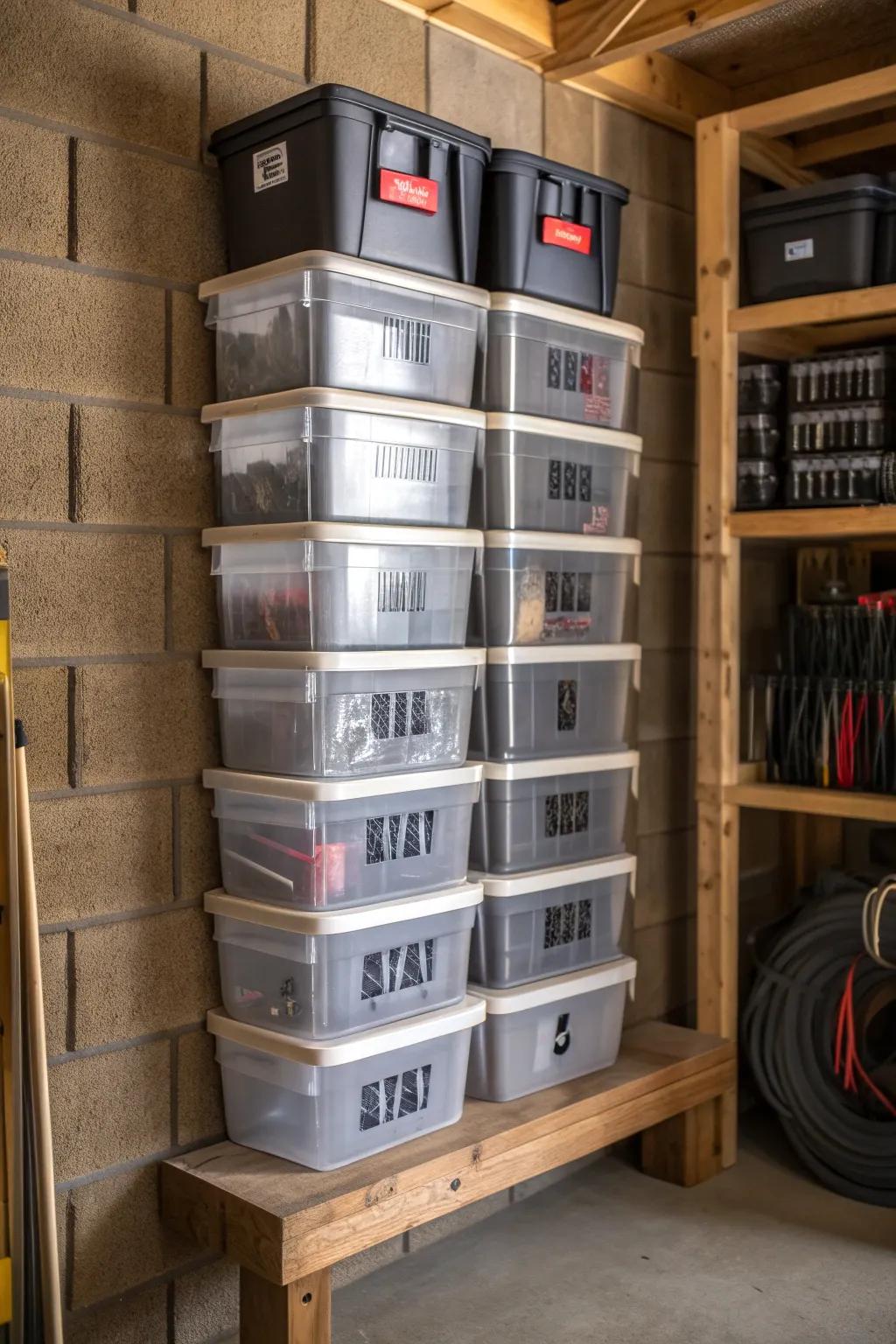 Master the art of organization with stackable bins—your ultimate solution for a clutter-free garage.