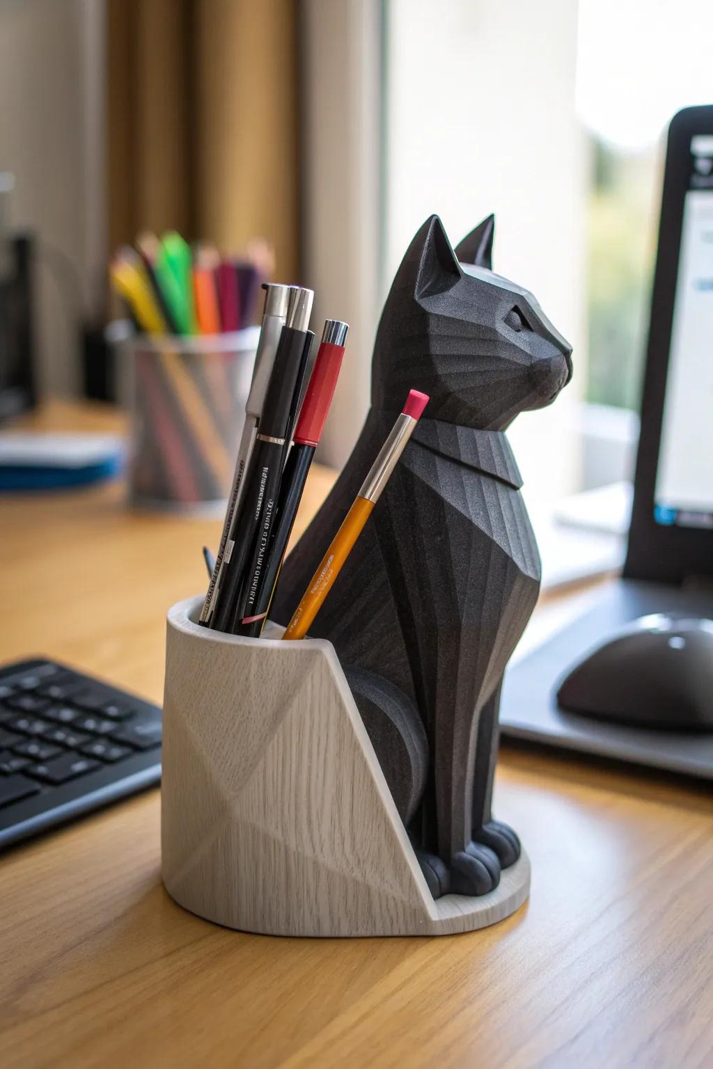 Start your 3D printing journey with this charming cat-shaped pen holder, a perfect blend of simplicity and craftsmanship.