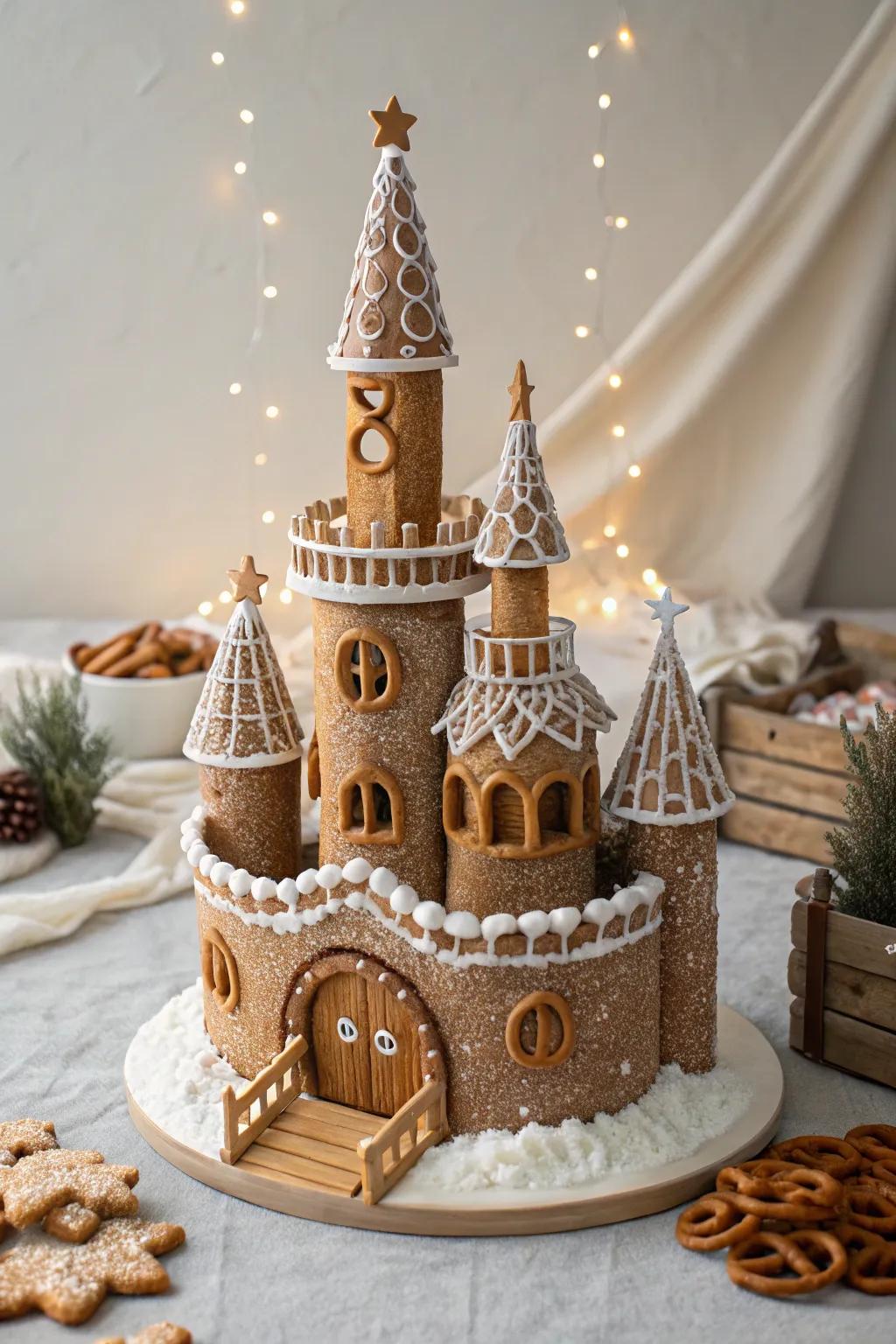 Embrace rustic charm with this gingerbread castle, where pretzel beams and wafer bridges meet minimalist beauty.