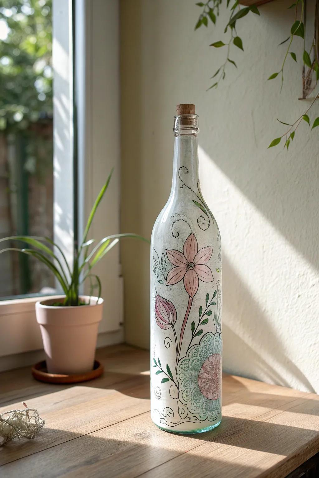 Transform ordinary glass bottles into stunning works of art with delicate floral designs.