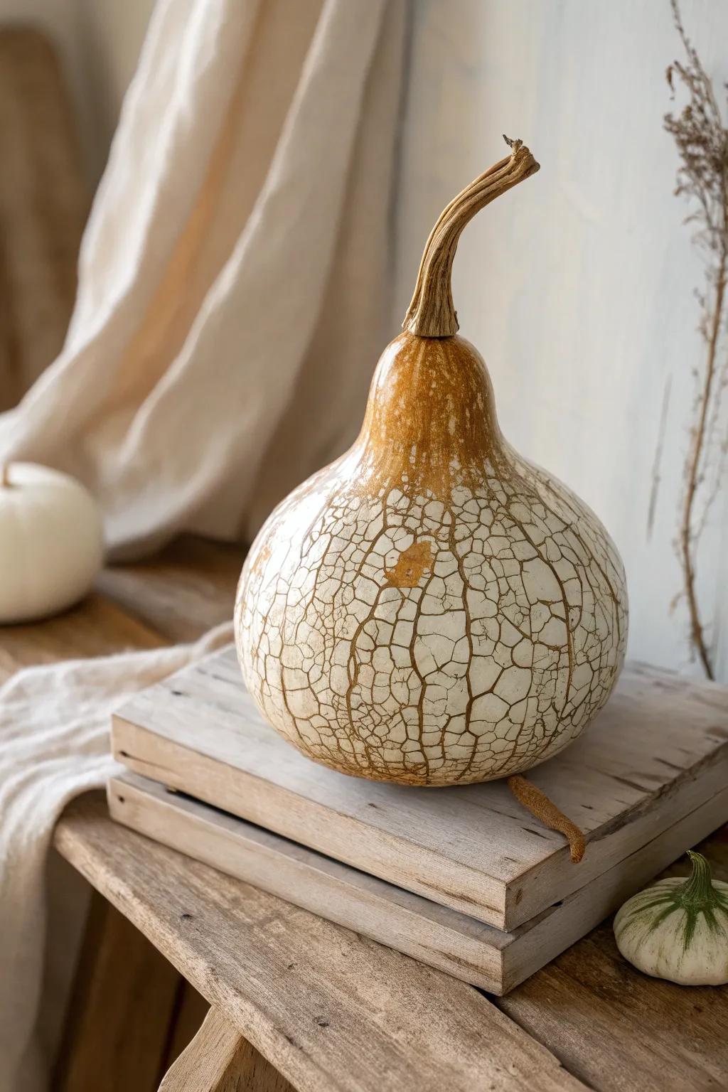 Transform your space with the timeless charm of a crackle-finished gourd. Perfect for adding a touch of rustic elegance.