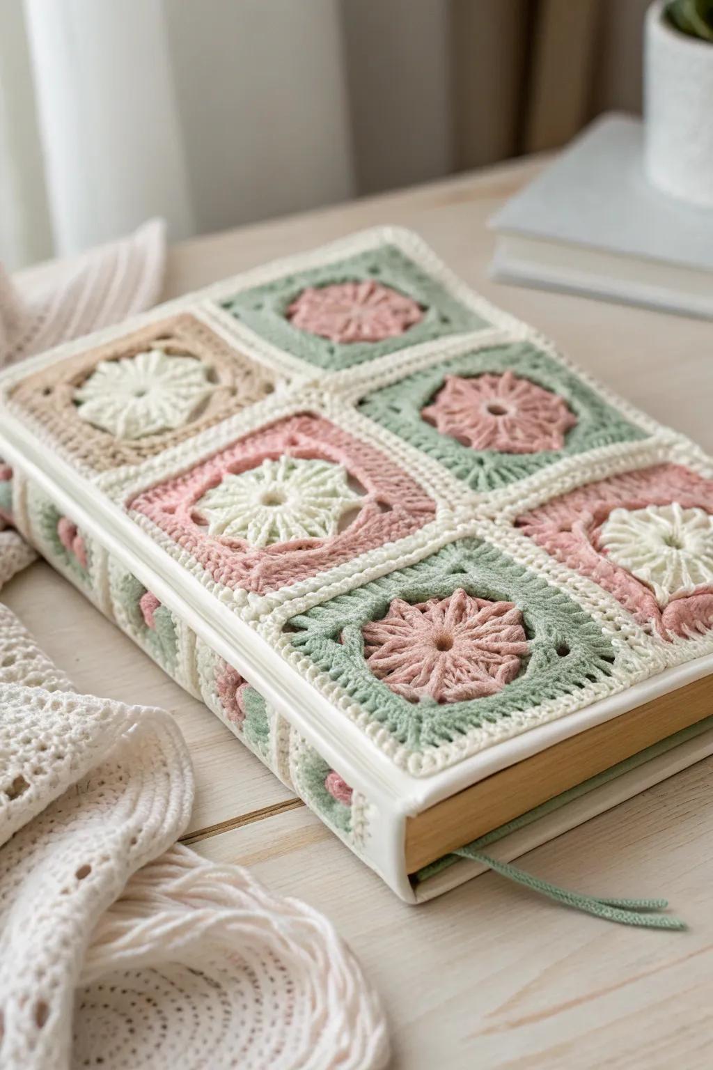 Add a touch of handmade elegance to your bookshelf with a granny square book cover.