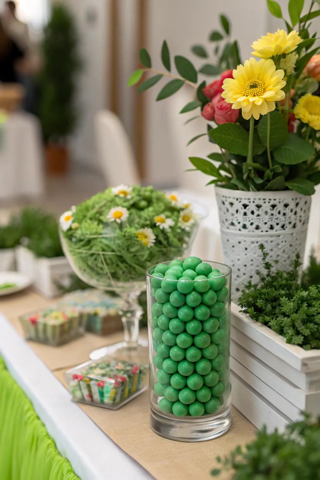 Natural elements bring a fresh vibe to the candy table.