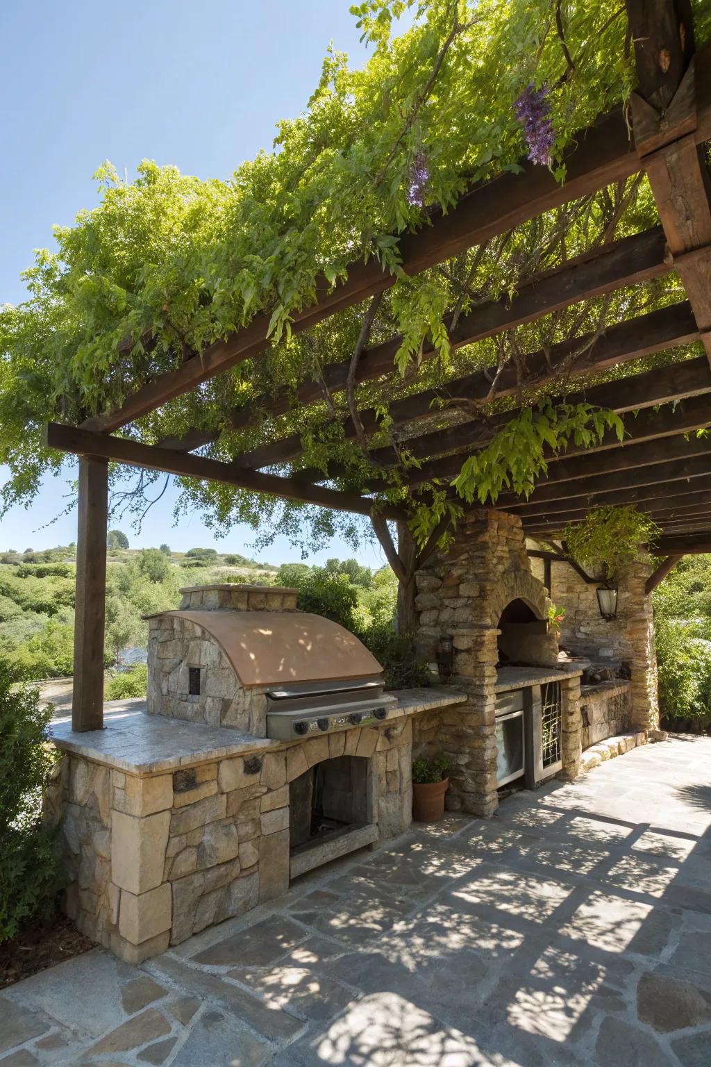 Embrace the art of nature with a handcrafted wisteria canopy for your grill space.