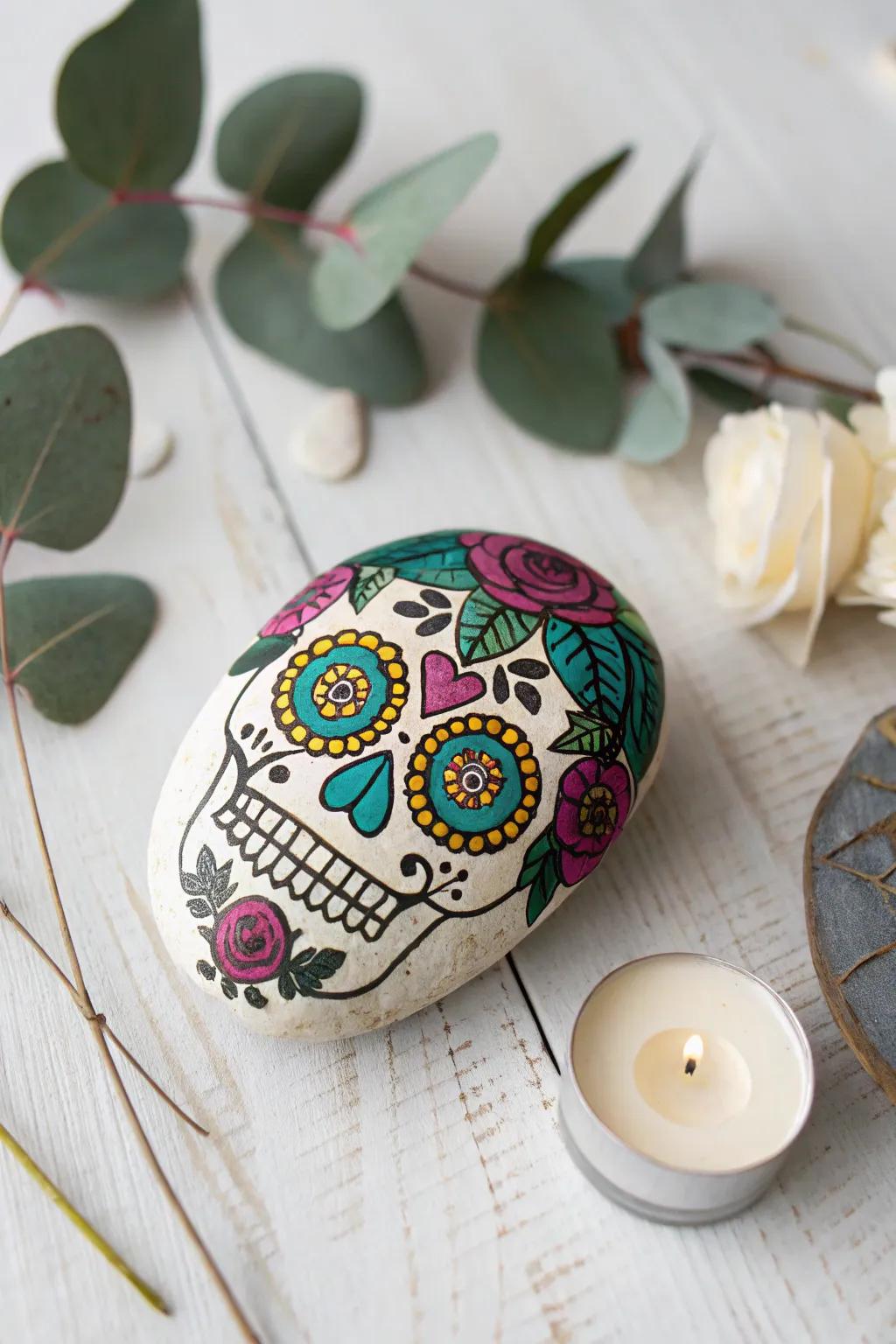 Celebrate Halloween with a touch of elegance: Sugar skull rock art meets minimalism.
