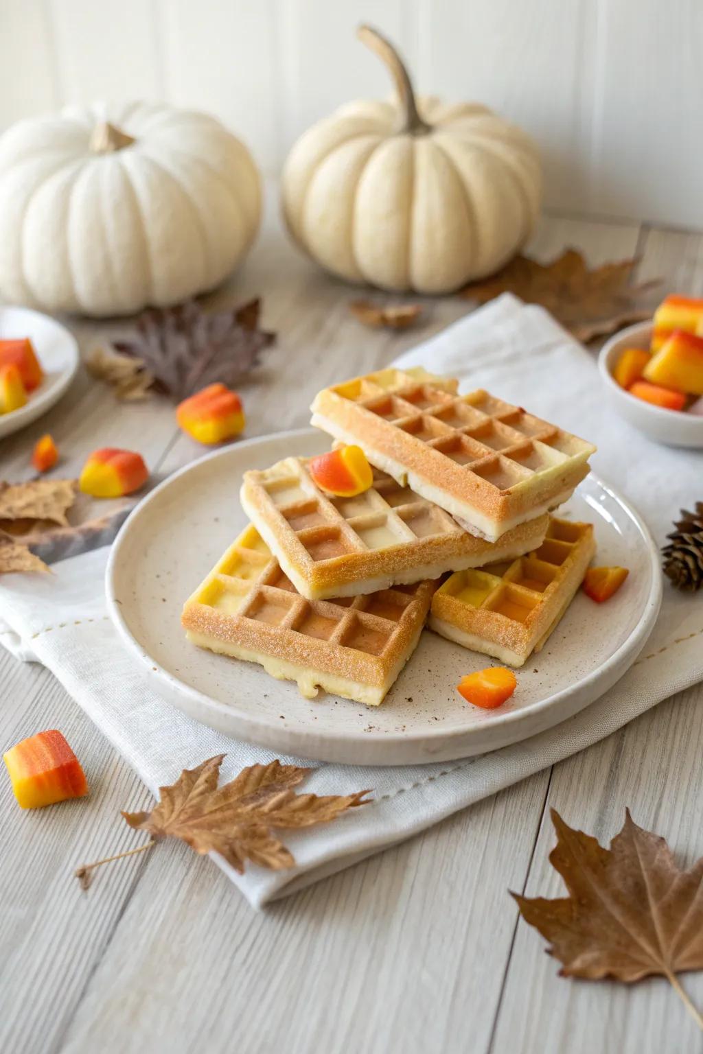 Delight your senses with these whimsical Candy Corn Waffle Layers, a perfect blend of festive charm and minimalist elegance.