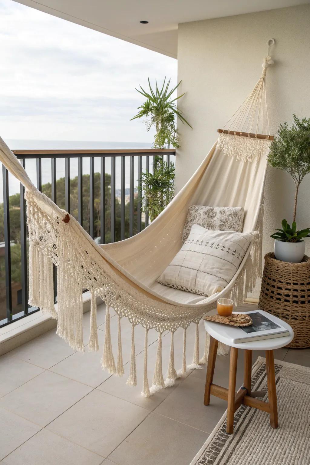 Elevate your outdoor space with a touch of Scandinavian elegance—hammock heaven on your balcony.