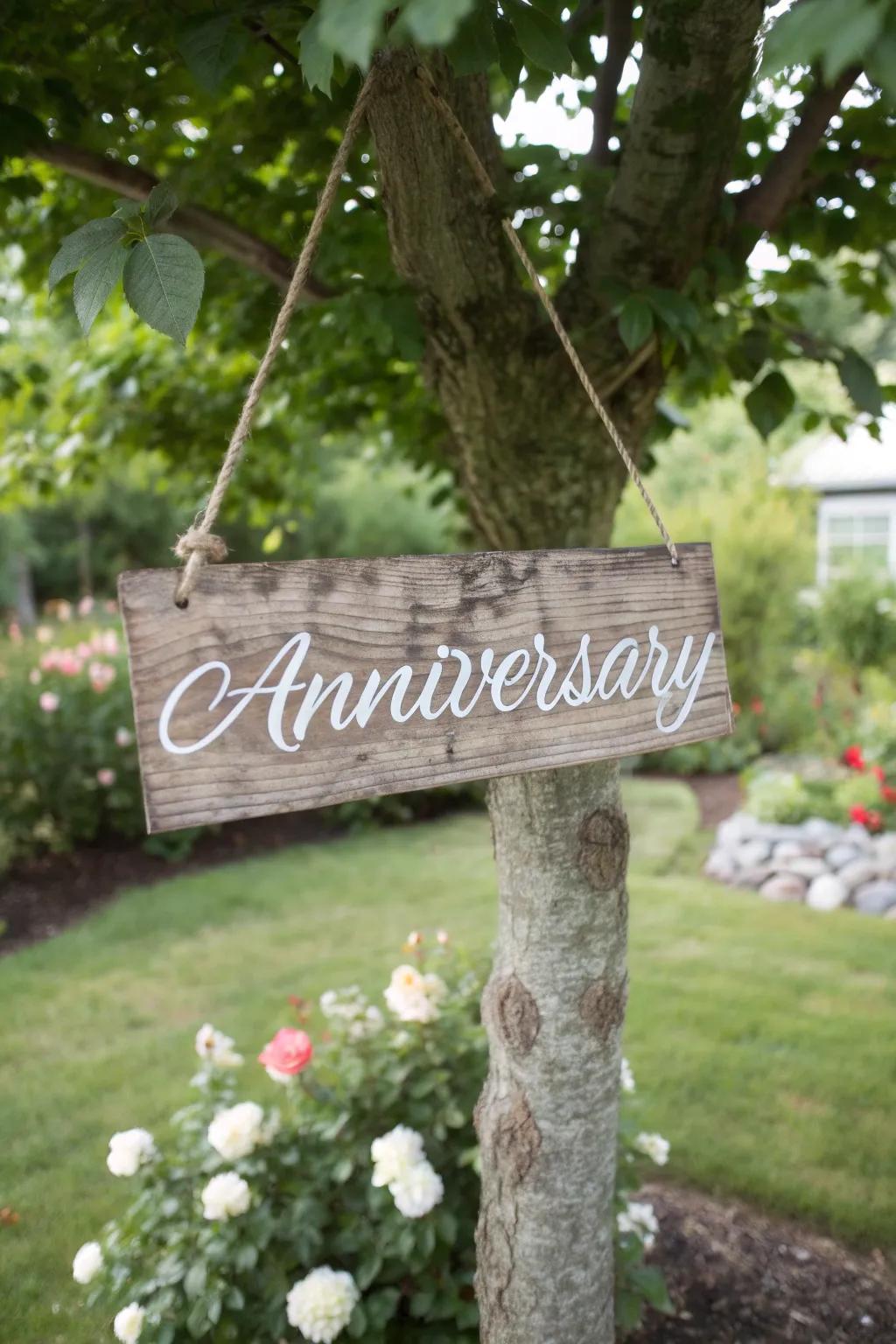 Rustic wooden sign, ideal for an intimate outdoor anniversary celebration.