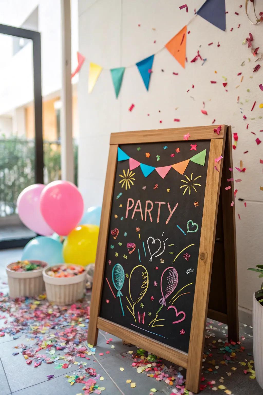 Confetti designs adding a festive touch to the chalkboard sign.