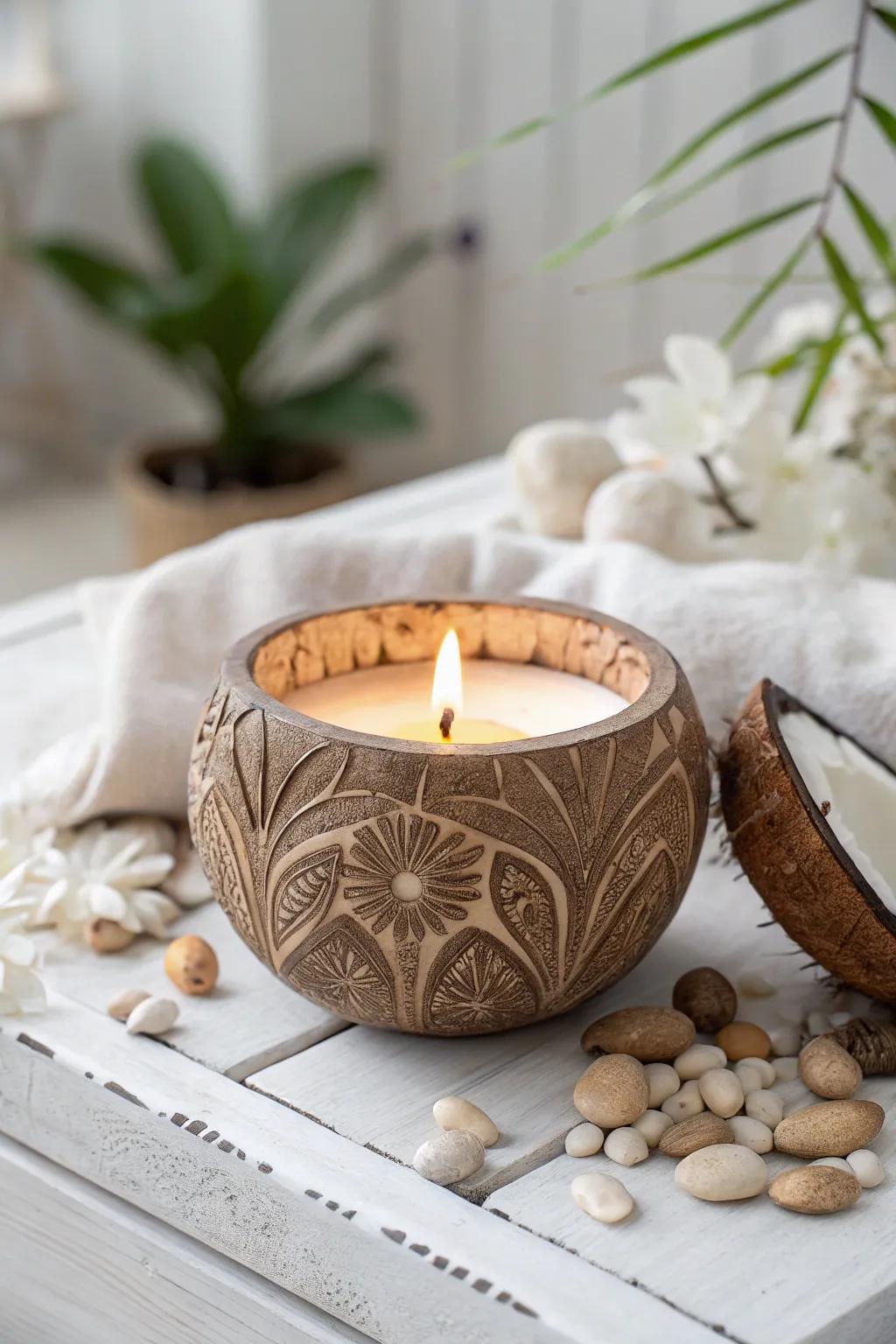 Embrace tropical elegance with handcrafted coconut candle holders, perfect for creating a cozy beach-inspired ambiance.