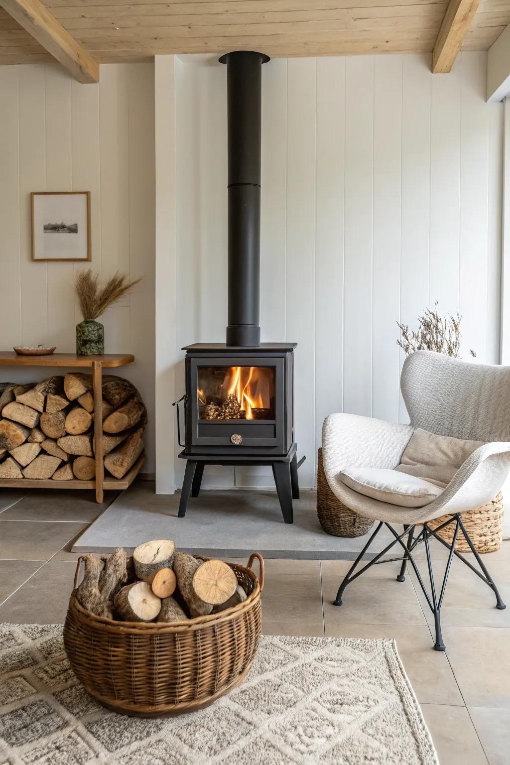 A minimalist hearth enhances the modern aesthetic of the living space.
