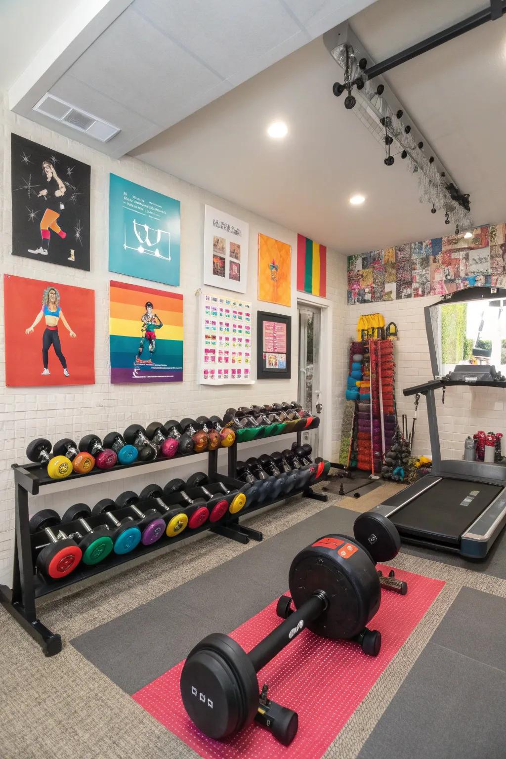 Inspirational wall art in a home gym to keep motivation alive.