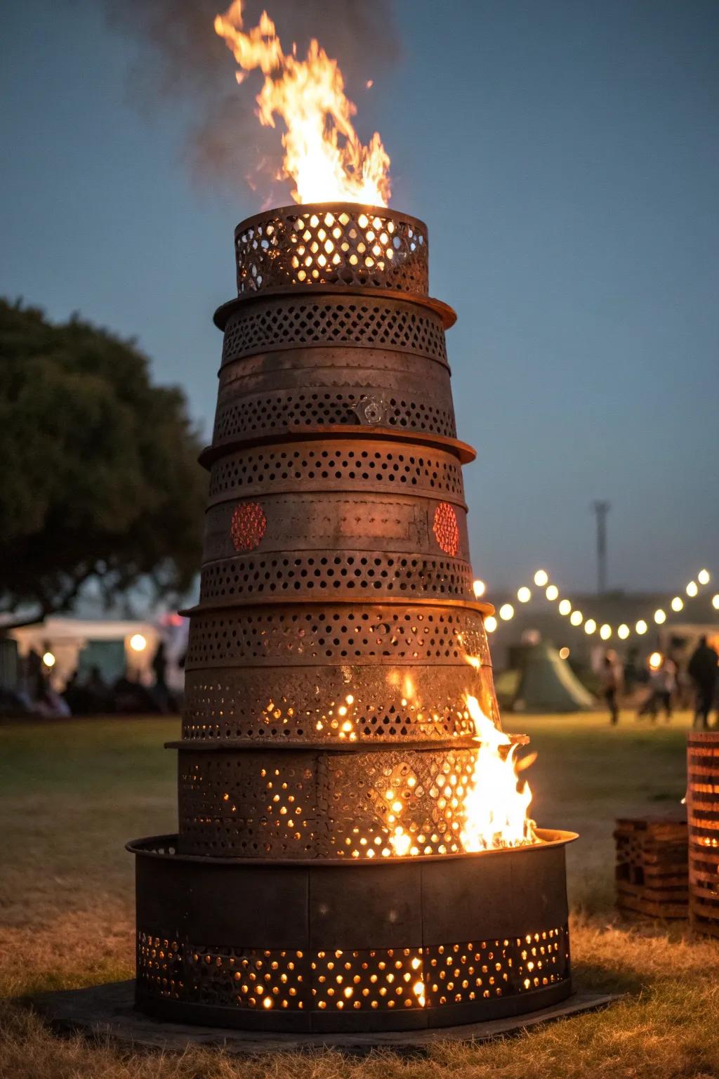 Elevate your outdoor experience with a towering masterpiece of recycled metal. #Craftsmanship #FirePitDesign