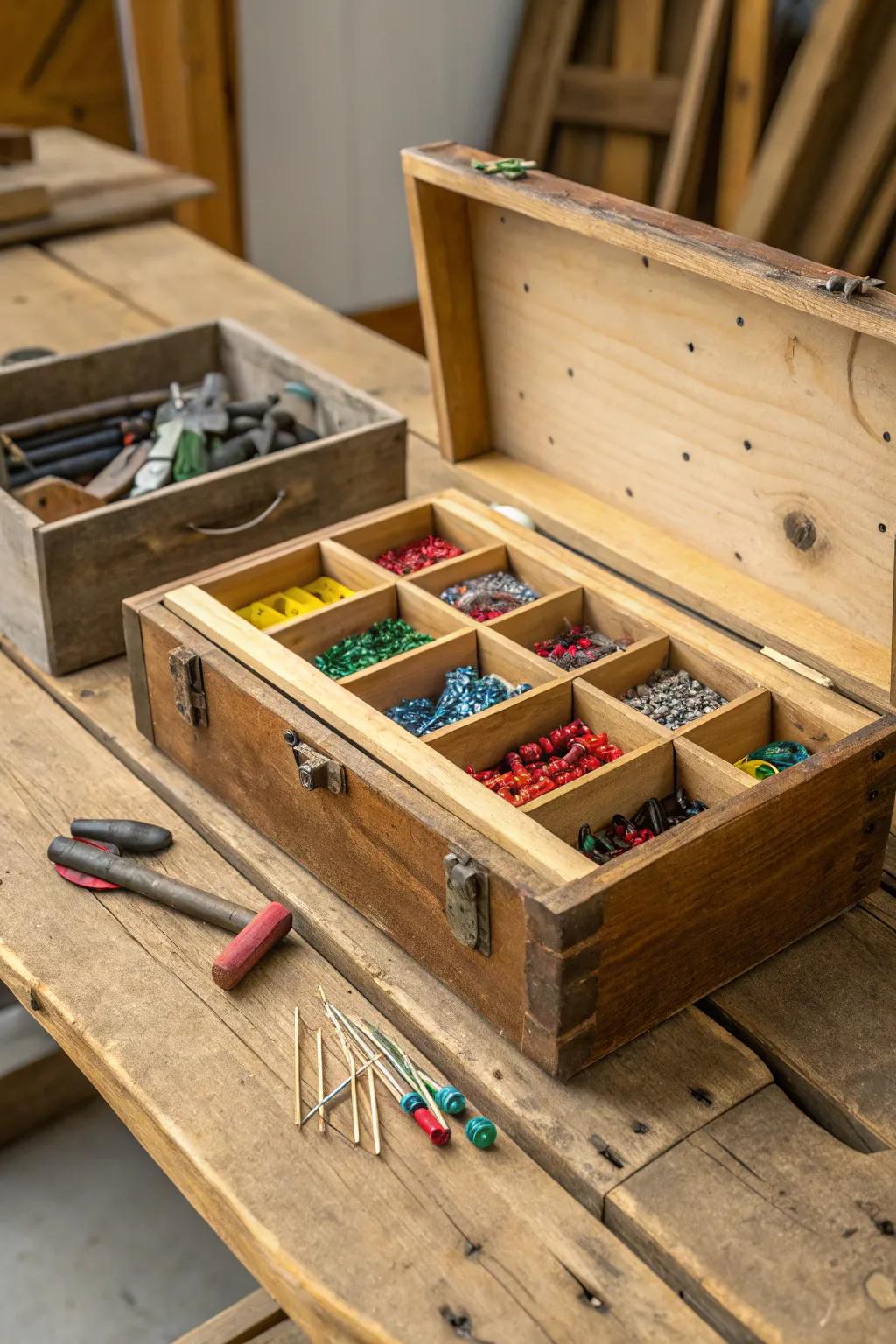 Craftsmanship meets sustainability: Organize your tools with style using repurposed containers.