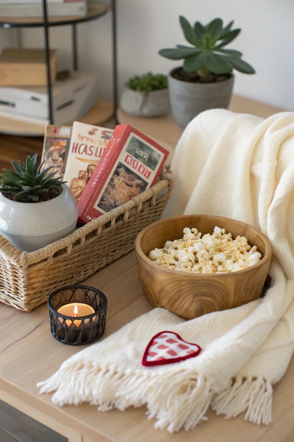 Craft the perfect cozy movie night gift basket for him this Valentine's Day, blending minimalist charm with boho warmth.