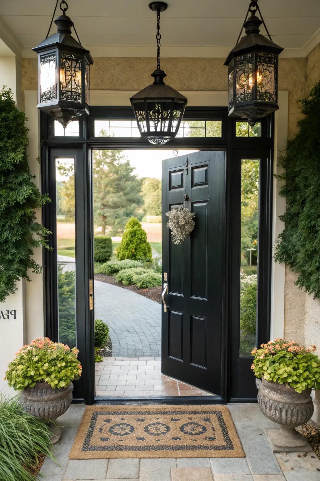 A grand entrance with elegant black door decor.