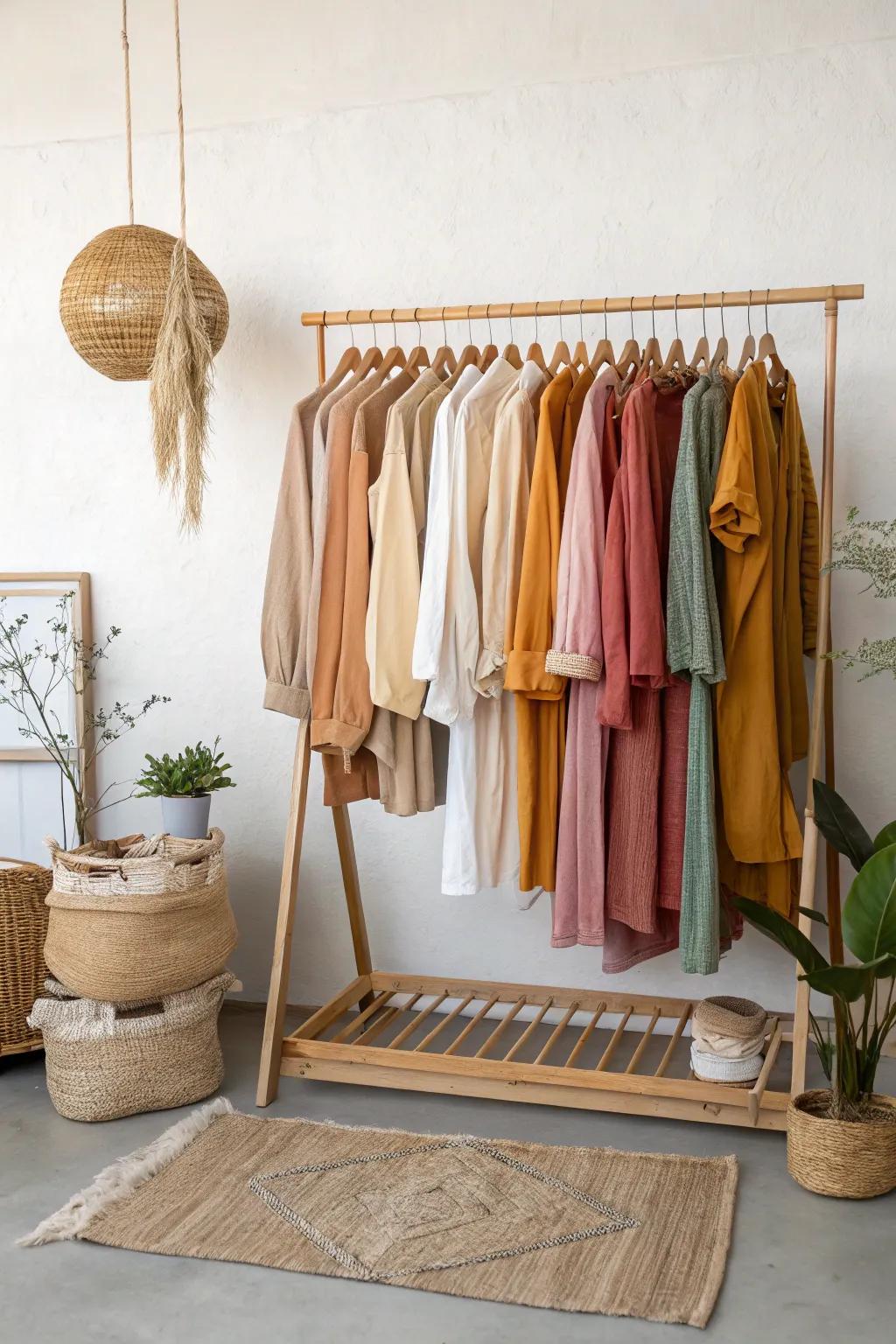 Transform your garage sale into a chic boutique with beautifully organized clothes by color. #GarageSaleGoals