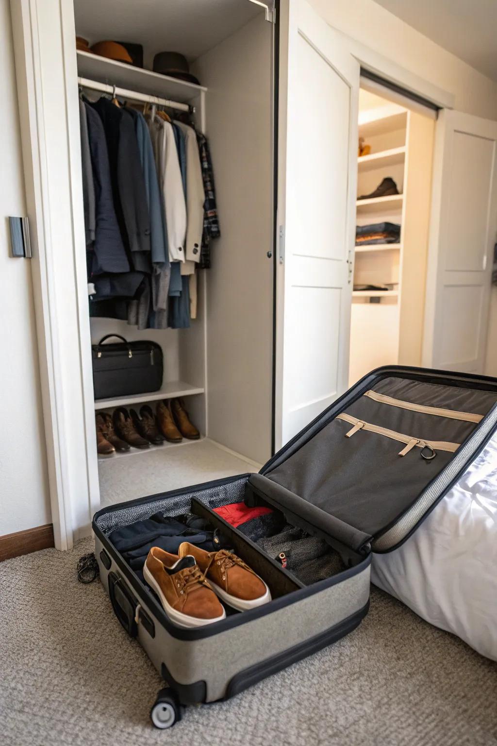 Repurpose a suitcase as a unique shoe storage solution.