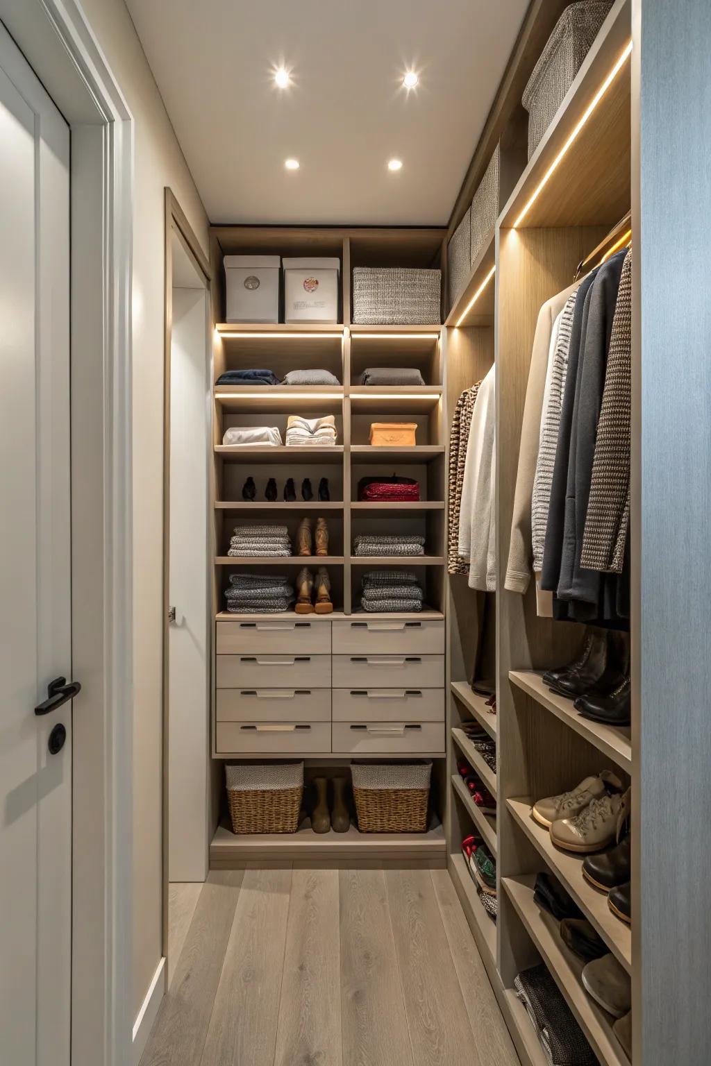 Vertical shelving systems maximize storage in tall closets.