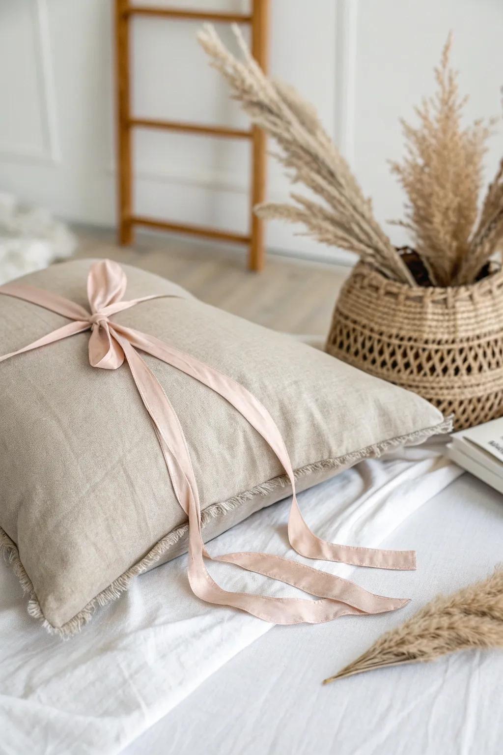 Wrap your clothes with minimalist elegance using a decorative pillowcase tied with a ribbon.