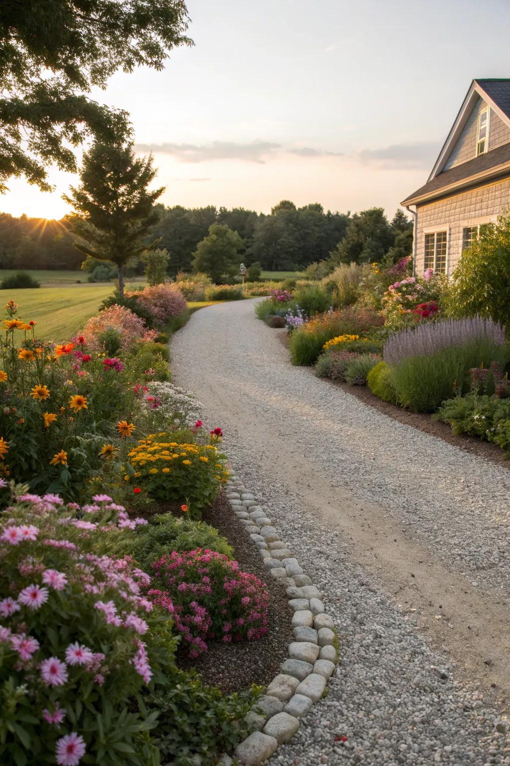 Infuse your driveway with vibrant floral charm for an inviting and aromatic entrance.
