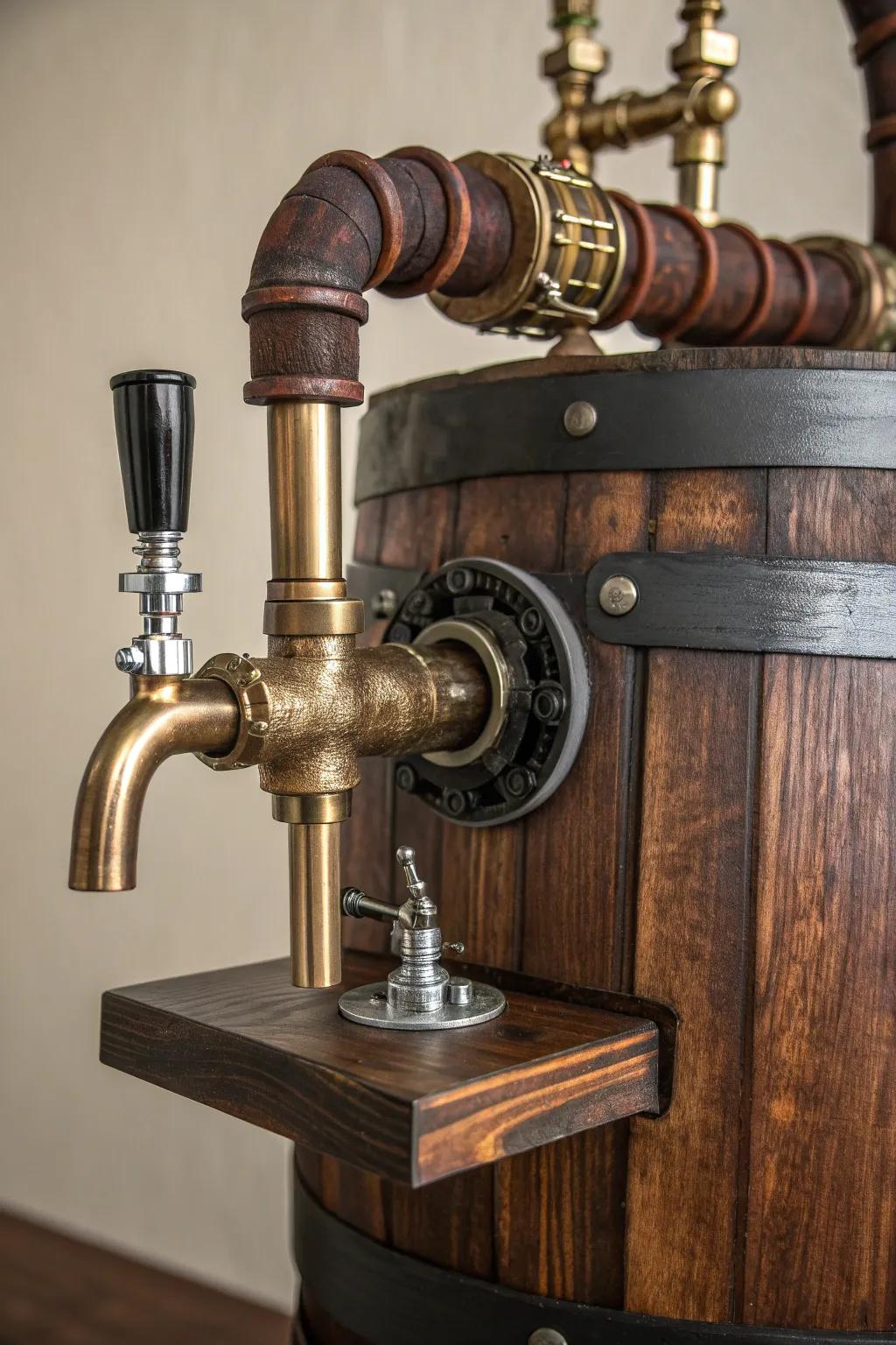 Elevate your keezer with an industrial pipe design for a rugged and stylish steampunk vibe.