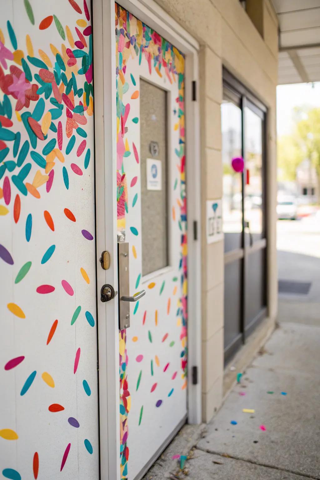 Confetti decals create a festive and uplifting entrance.