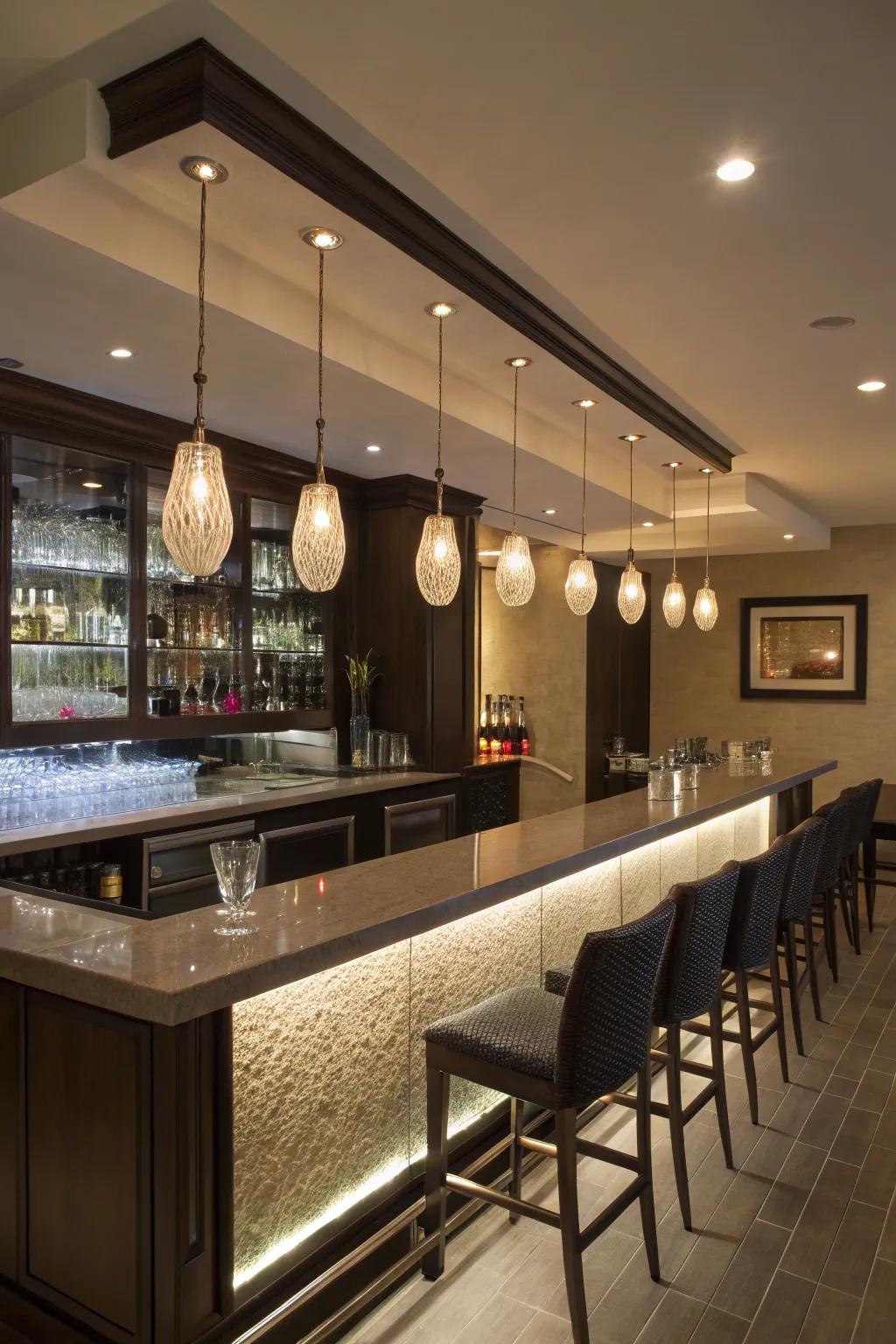 Ambient lighting adds a magical touch to this inviting L-shaped wet bar.