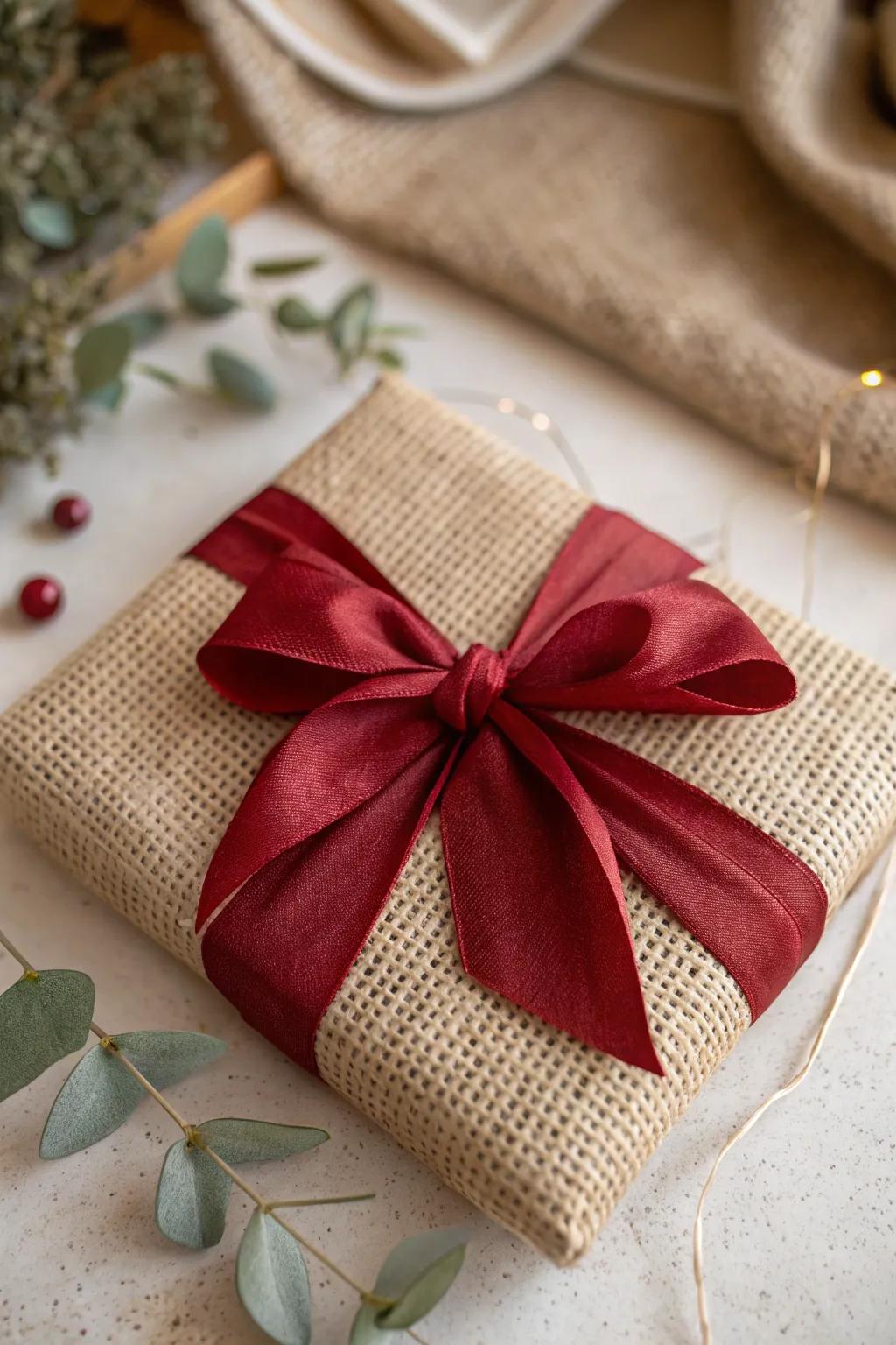 Elevate your gift-giving with rustic elegance: Burlap and bold bows, a minimalist's delight.