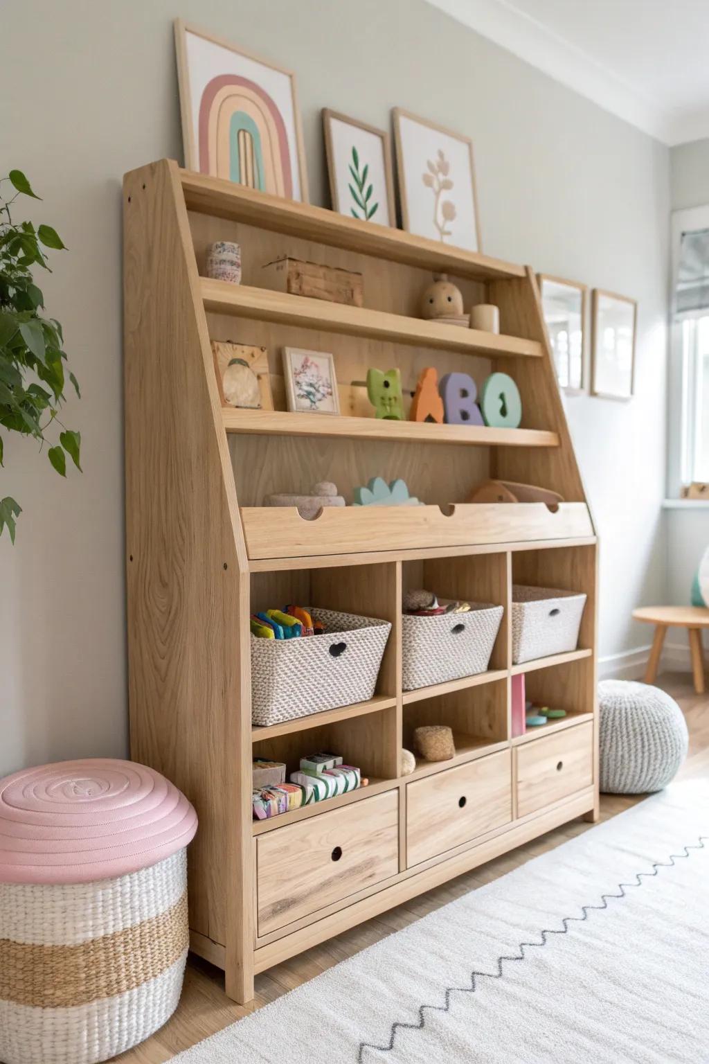 Elevate your space with custom built-in shelves that blend Scandinavian minimalism and Boho charm, perfect for stylish toy storage.