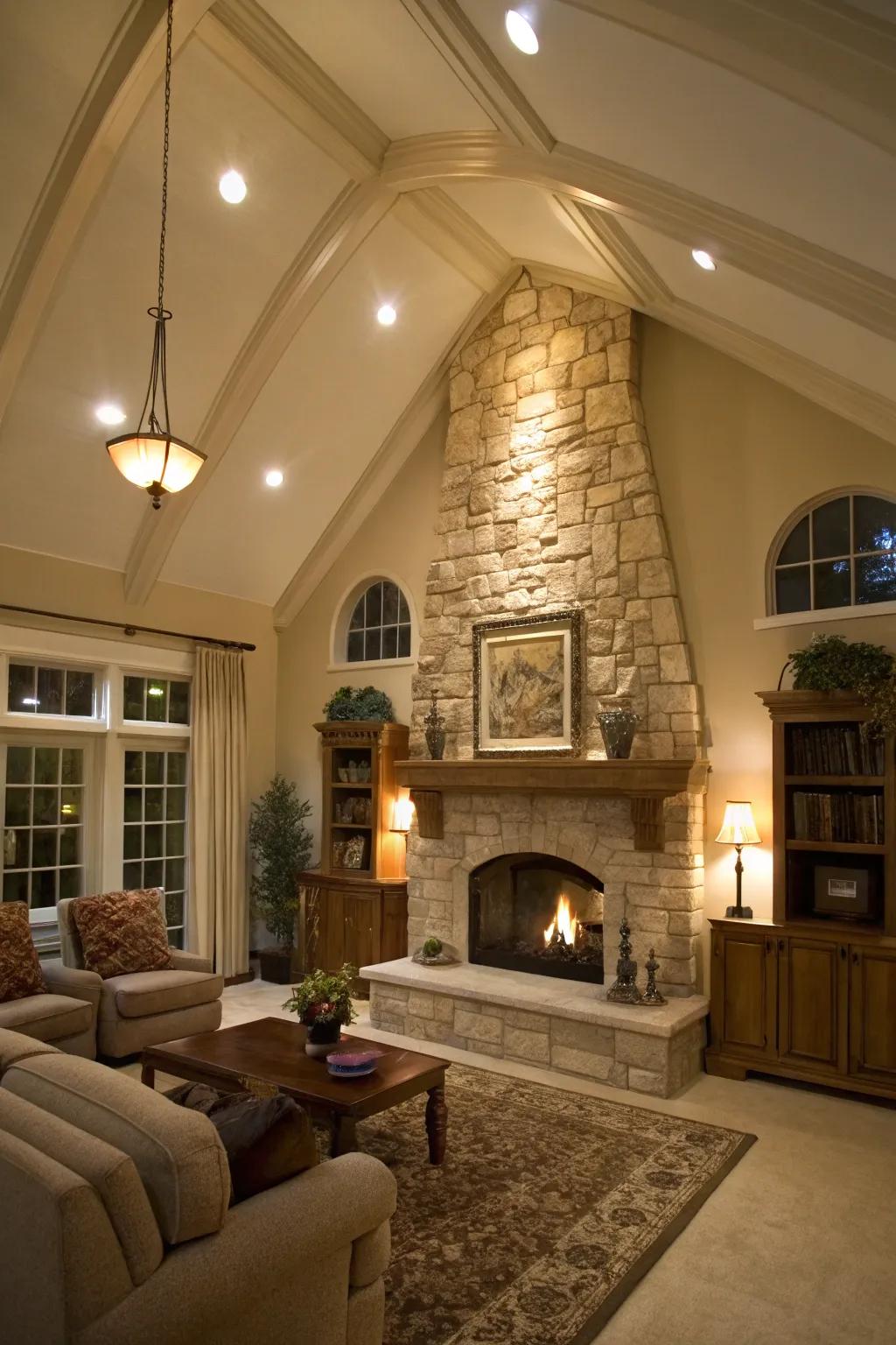 Vaulted ceilings add drama to a light stone fireplace.