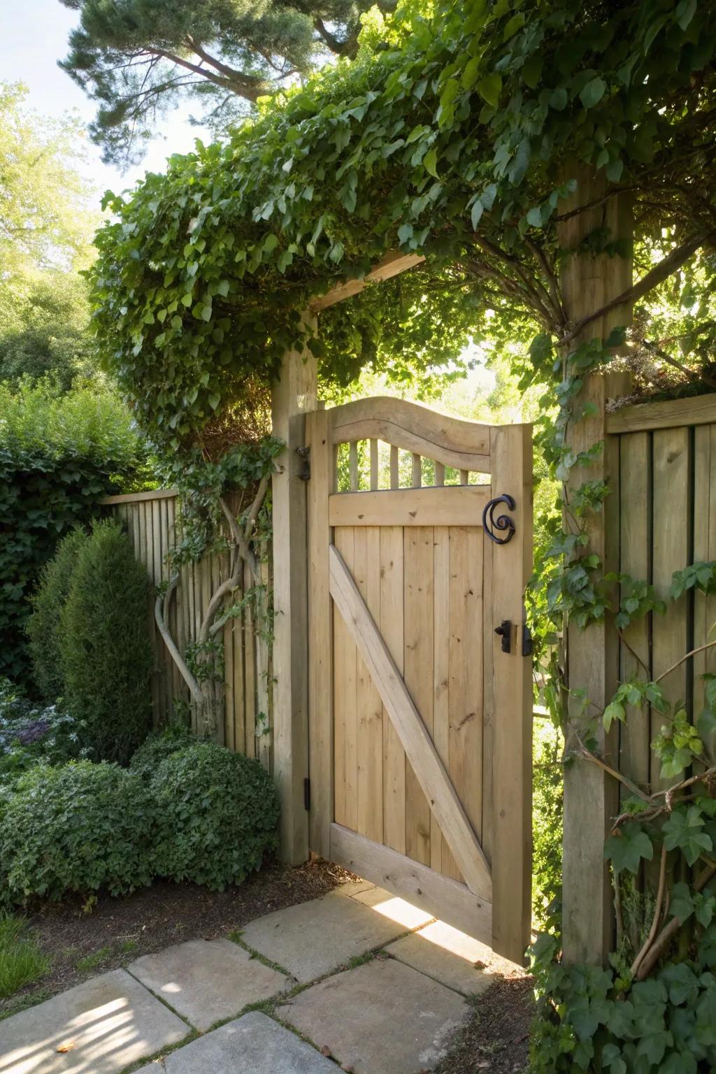Step into serenity with a garden gate that whispers secrets of nature's artistry.