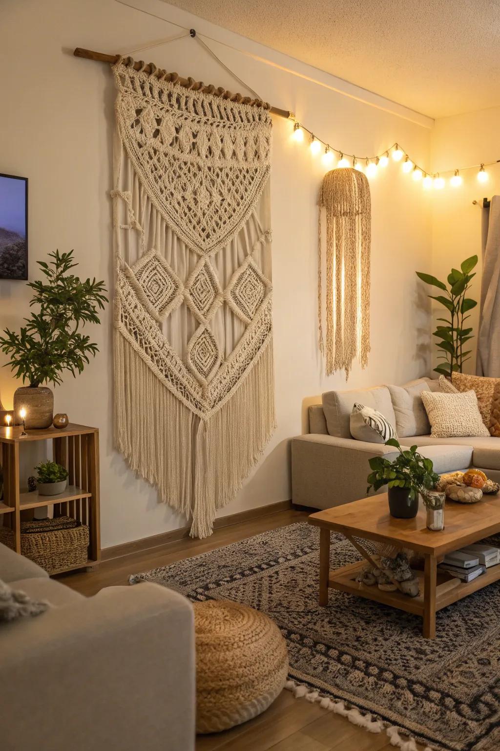 A macramé wall hanging adds texture and warmth.