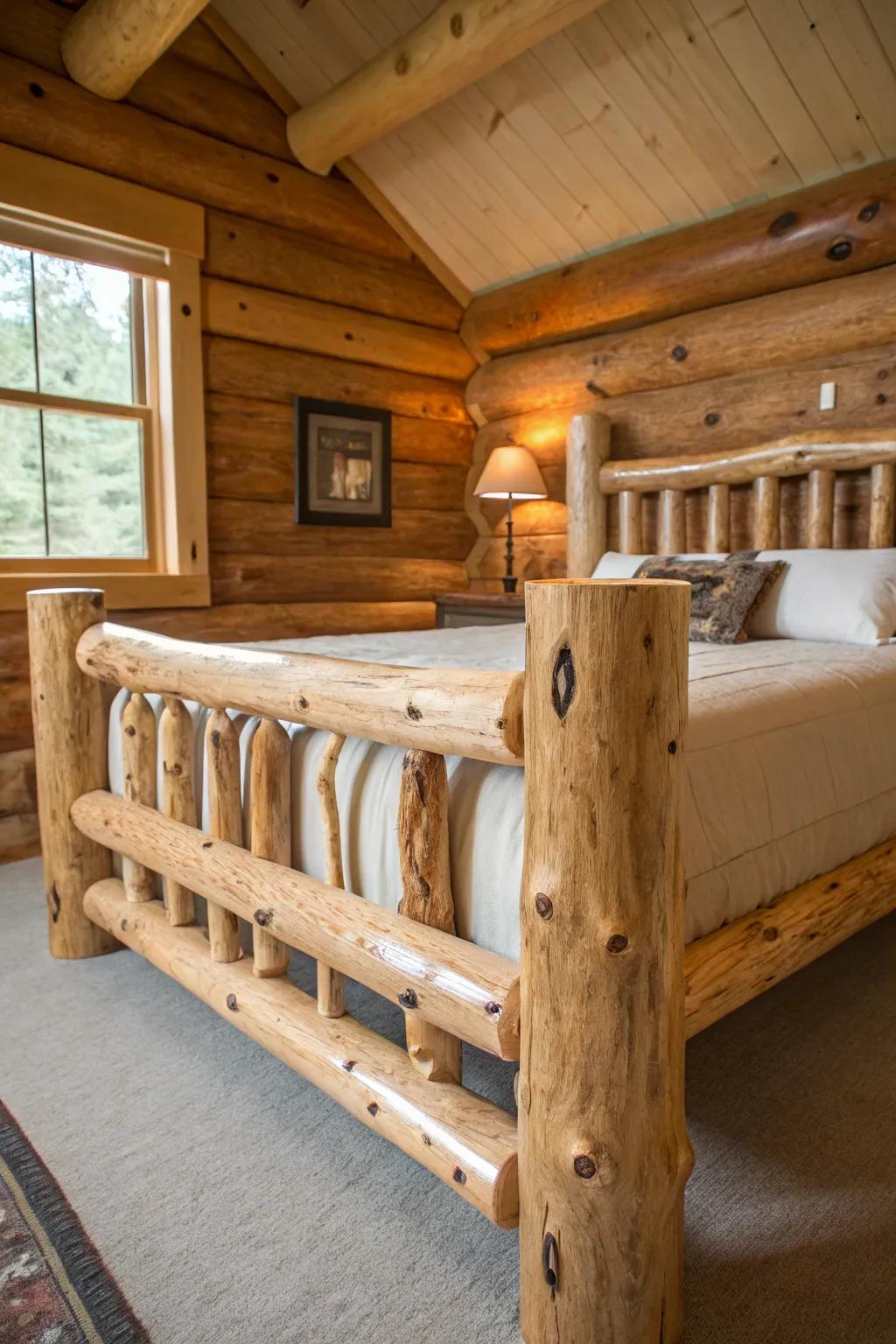 Retreat to the woods every night with this handcrafted aspen log bed.