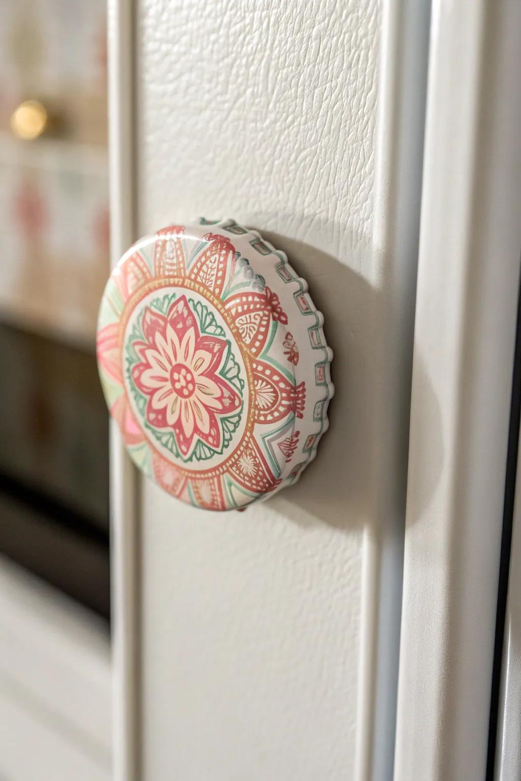 Turn everyday bottle caps into charming fridge art with a touch of boho elegance.