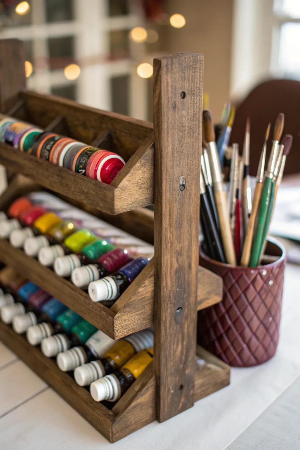 Transform your workspace with a handcrafted touch: a wine rack turned art supply haven.