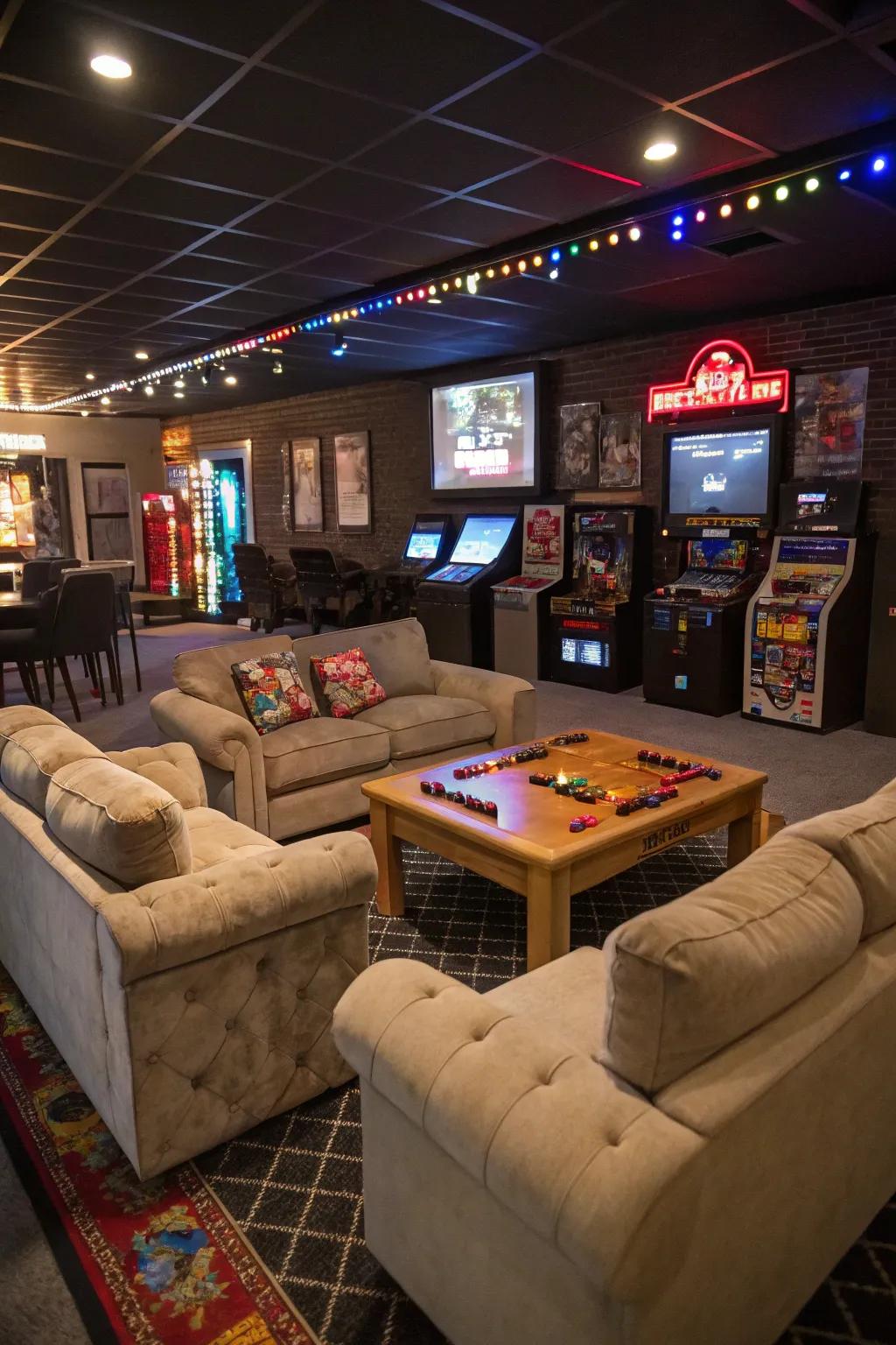 A seating area ensures comfort while gaming.