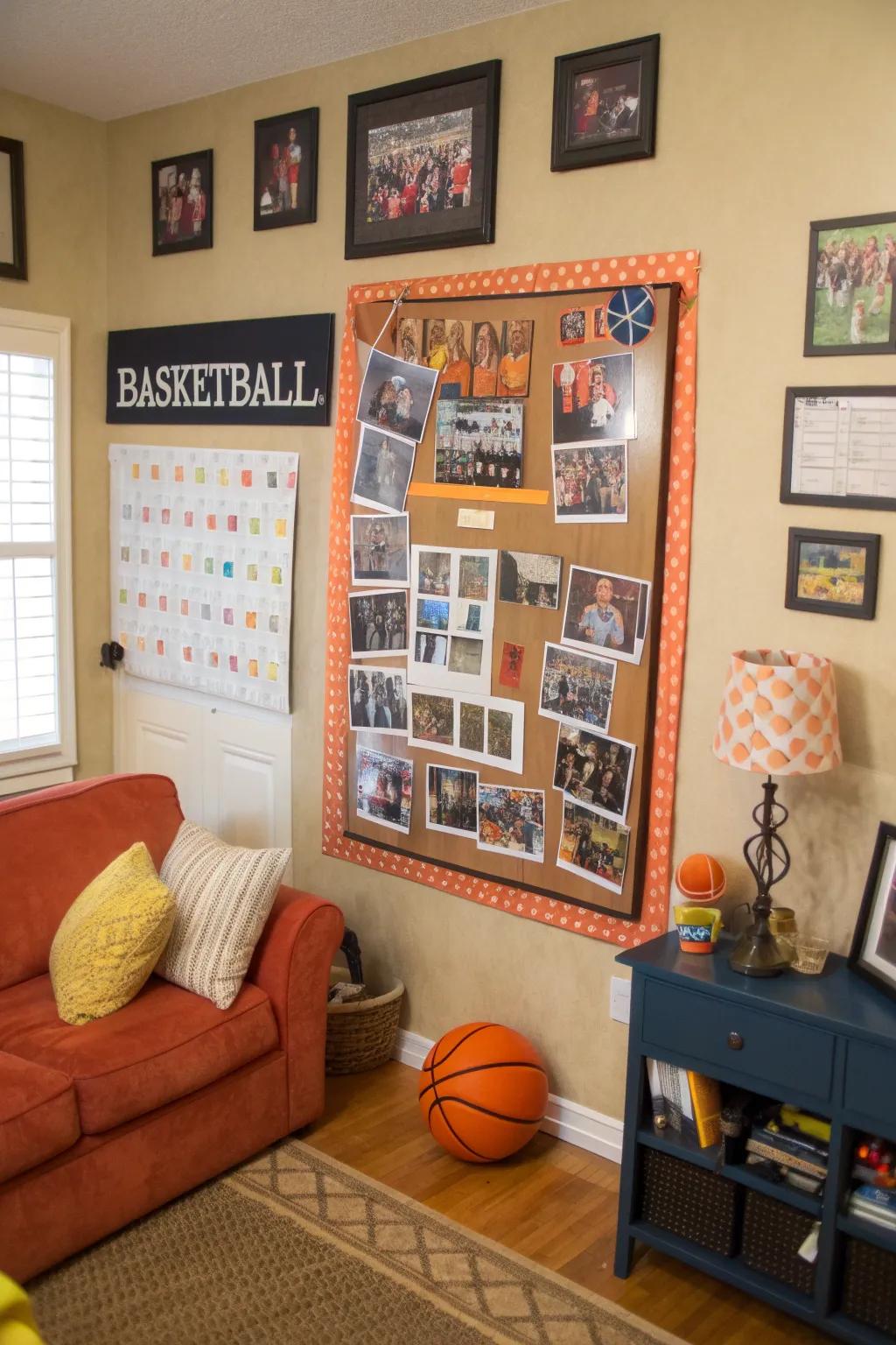 A basketball-themed bulletin board capturing March Madness excitement.